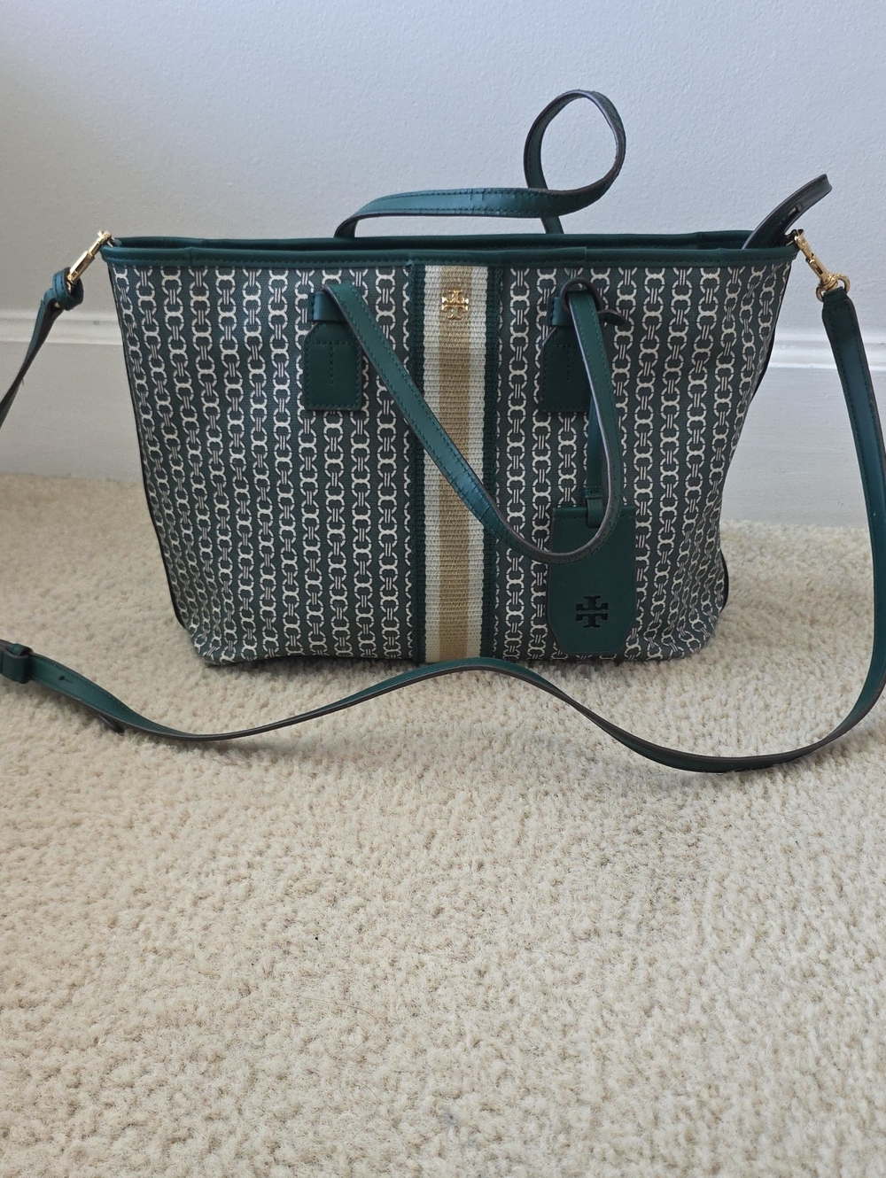 Tory Burch Teal Signature Stripe Tote with Cream & Gold Center Stripe